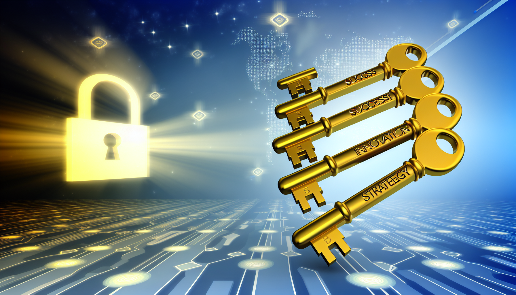 Ein Satz großer, leuchtender, goldener Schlüssel schwebt vor dem Hintergrund einer stilisierten digitalen Landschaft. Jeder Schlüssel ist mit einem anderen Schlüsselwort graviert, wie 'Erfolg', 'Innovation' und 'Strategie'. Die Schlüssel funkeln und symbolisieren ihre Bedeutung beim Entsperren erfolgreichen Inhalts. Am Horizont befindet sich ein offenes Schloss, das den Inhalt symbolisiert, den sie freischalten. Die gesamte Atmosphäre ist von Vorfreude und Aufregung geprägt, ähnlich dem Gefühl eines kreativen Teams, das kurz davor steht, ein neues Projekt zu beginnen.