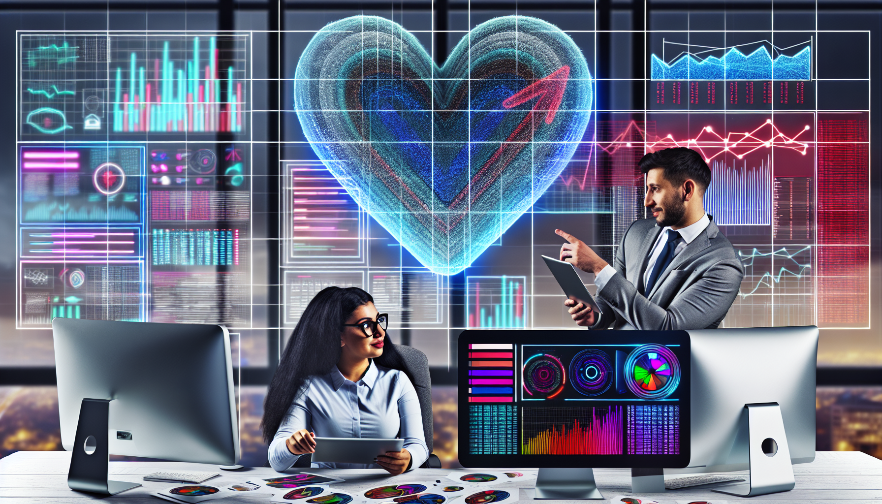 Datenanalyse bildet das Herzstück des Affiliate-Marketings, dargestellt durch einen sorgfältig eingerichteten Büroraum, der mit verschiedenen technischen Geräten ausgestattet ist, darunter elegante, moderne Computer und große, helle Bildschirme, die Diagramme und Grafiken in verschiedenen Farben anzeigen. Eine hispanische Datenanalystin und ein kaukasischer Marketingprofi arbeiten Seite an Seite. Sie nutzt ein Tablet, das komplexe Tabellenkalkulationen anzeigt, während er auf ein großes digitales Board zeigt, das Echtzeit-Marketingdaten präsentiert. Im Hintergrund könnte ein abstraktes Symbol für ein Herz subtil in die Anordnung des Raumes eingewoben sein, was symbolisiert, dass die Datenanalyse das 'Herz' dieser Szene ist.