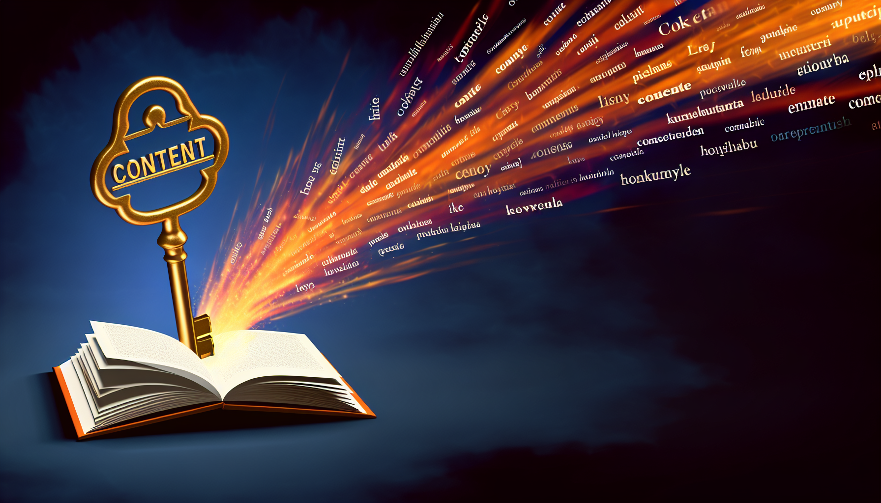 Stellen Sie sich ein abstraktes Konzept eines goldenen Vintage-SchlÃ¼ssels vor, der mit dem Wort 'Inhalt' graviert ist. Der SchlÃ¼ssel schwebt Ã¼ber einem offenen Buch, aus dem SchlÃ¼sselwÃ¶rter in verschiedenen Sprachen dramatisch aufsteigen, wie Funken aus einem Feuer. Der Hintergrund ist in einer dunkleren Farbe gehalten, vielleicht in einem tiefen Indigo, was den goldenen Glanz des SchlÃ¼ssels und die bunten WÃ¶rter, die nach oben schweben, betont.