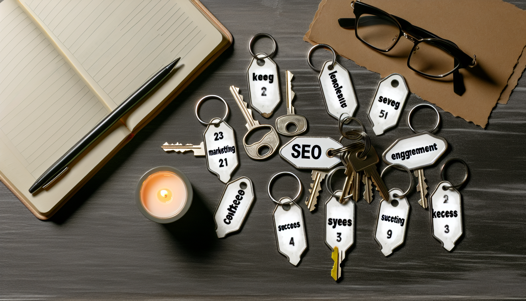 Ein Bild, das eine Ansammlung von alten SchlÃ¼sseln zeigt, die jeweils mit verschiedenen SchlÃ¼sselwÃ¶rtern wie 'SEO', 'Marketing', 'Analytics', 'Inhalt', 'Engagement' und 'Erfolg' beschriftet sind. Die SchlÃ¼ssel sind verstreut auf einem Schreibtisch, auf dem sich eine brennende Kerze, eine Tasse Kaffee, eine Brille und ein Notizbuch befinden. Die Szene deutet auf die Bedeutung von SchlÃ¼sselwÃ¶rtern fÃ¼r die erfolgreiche Erstellung von Inhalten hin.