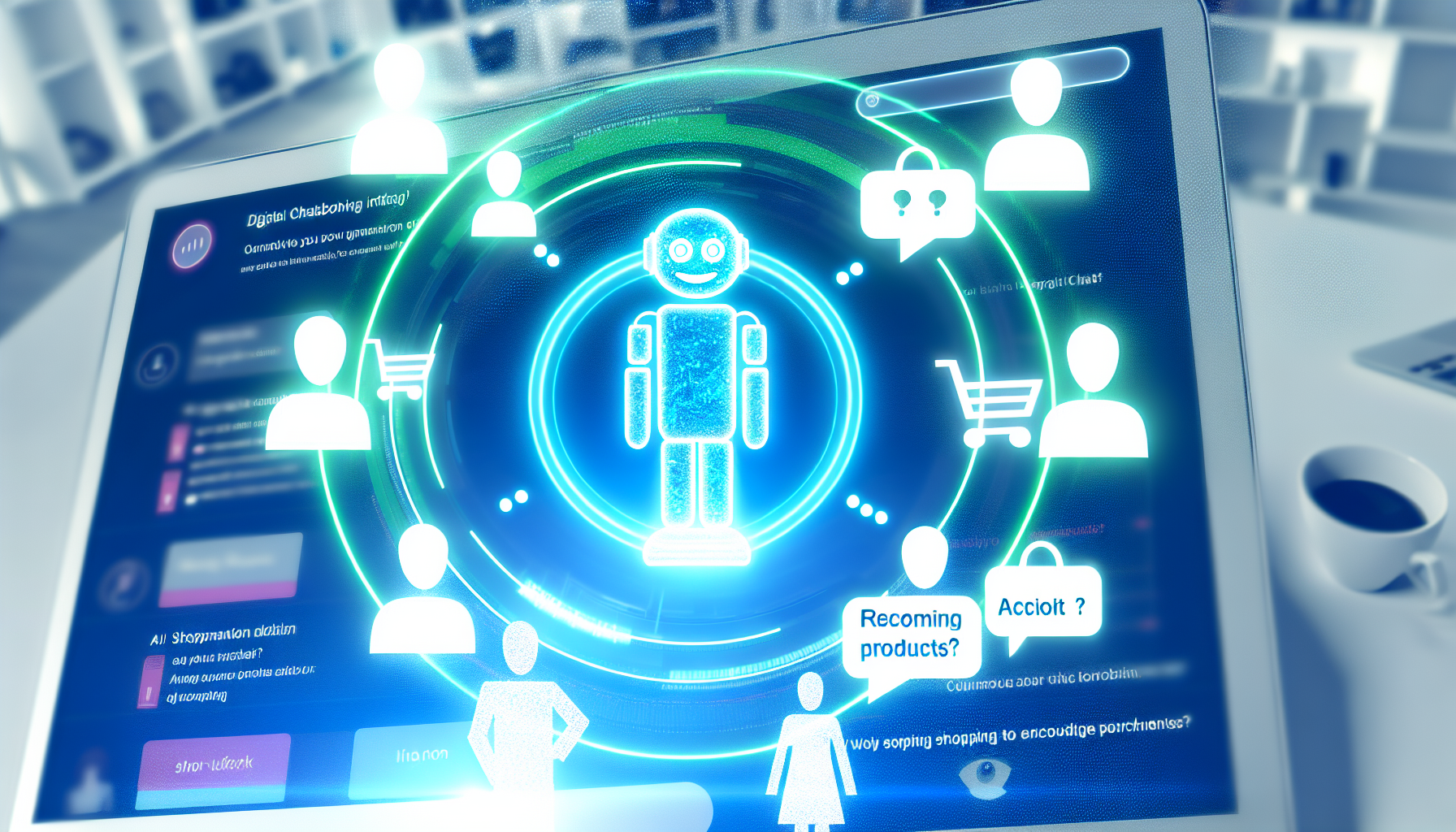 Erstellen Sie ein Bild, das eine digitale Chatbot-Oberfläche zeigt. Der Chatbot interagiert mit mehreren Benutzern, bietet Lösungen an, beantwortet Fragen und empfiehlt subtil Produkte, um Kaufentscheidungen zu fördern. Die Umgebung ist eine Mischung aus einem modernen Online-Shopping-Umfeld und einer futuristischen, KI-gesteuerten Technologieplattform.