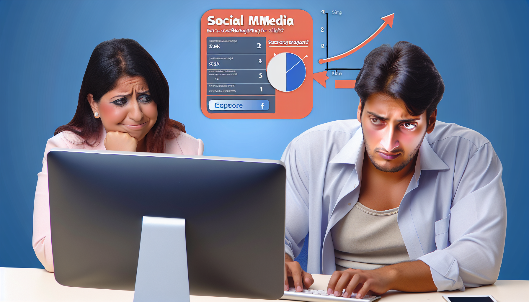 Soziale Medien sind ein entscheidender Kanal für Affiliates, aber erfolgreiches Targeting kann herausfordernd sein. Stellen Sie sich dieses Konzept mit einem Bild vor, auf dem zwei Personen versuchen, Engagement für ihre Beiträge zu gewinnen. Eine hispanische Frau sitzt frustriert an einem Computer, während ein mittelöstlicher Mann zufrieden auf die Analysen auf seinem Tablet schaut.