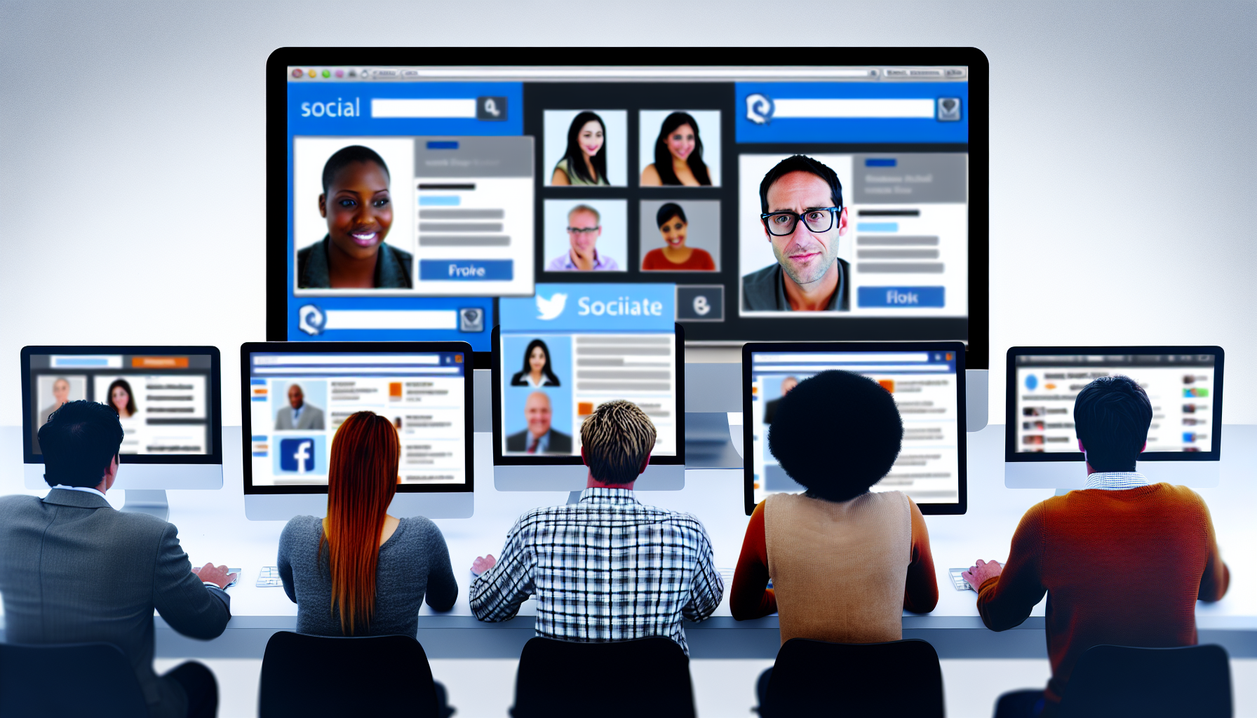 Soziale Medien sind ein entscheidender Kanal für Affiliates, aber erfolgreiches Targeting kann herausfordernd sein. Stellen Sie sich eine Vielzahl von unterschiedlichen digitalen Profilen vor, die auf einem Desktop-Bildschirm geöffnet sind und verschiedene soziale Medienplattformen symbolisieren. Zeigen Sie eine vielfältige Gruppe von Individuen, die jeweils konzentriert an ihren Desktops arbeiten und versuchen, sich durch diese Profile zu navigieren. Einschließlich eines kaukasischen Mannes, einer schwarzen Frau, eines hispanischen Mannes und einer mittelöstlichen Frau. Sie sollten fokussiert aussehen, als ob sie mit einer drängenden Frist arbeiten.
